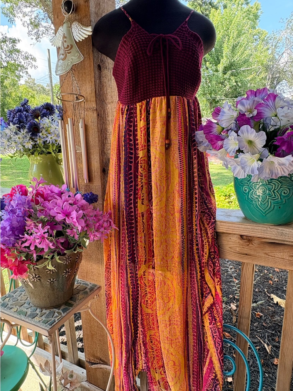 Xhilaration Maxi Dress Crochet Top w Ties & Chiffon Skirt w Side Slits NWOT